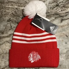 Chicago Blackhawks Adidas Red/White Beanie Cuffed Knit Hat w/ Pom NHL Hockey Cap