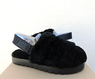 UGG BLACK SUPER FLUFF SLIDE SHEEPSKIN SLIPPERS, WOMEN US 9/ EUR 40 ~NEW