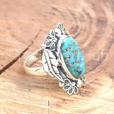 Copper Turquoise Ring, 925 Sterling Silver, Flower Ring, Leaves Ring Boho Ring