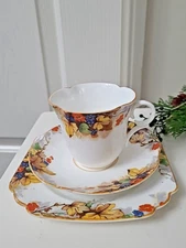 Exquisite Vintage Orange Autumn Rodanthe Victoria C & E Trio Cup Saucer & Plate