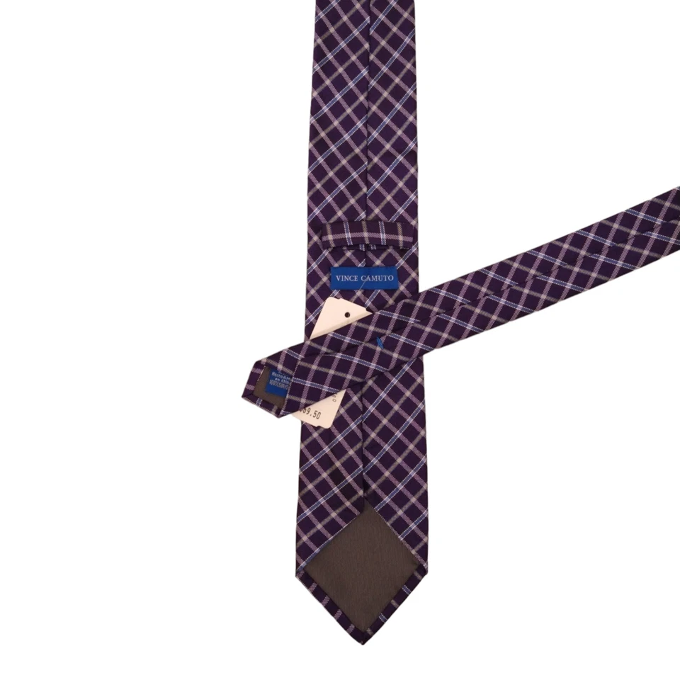 VINCE CAMUTO Mens Classic Tie 3.15 Purple Blue Check 100% Silk Designer Necktie - Image 3 of 4