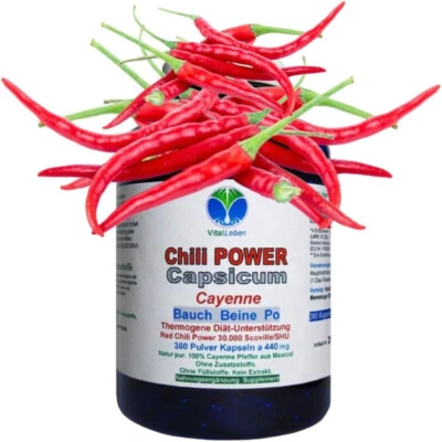 VITALLEBEN Red Chili Fat-BURNER CAPSAICIN 360 Kapseln "BAUCH BEINE PO" Natur Pur. 26595-360