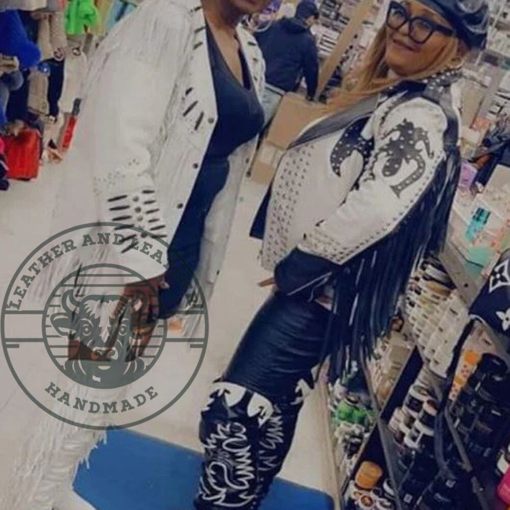 Two Tone Punk Biker Jacket with Studded Fringe Women's Handmade Leather Coat  