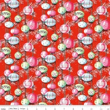 RETRO VINTAGE CHRISTMAS JOY ORNAMENTS ON RED BY RILEY BLAKE COTTON FABRIC HY