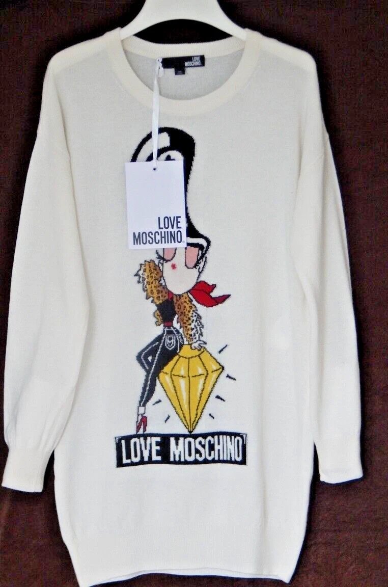 Love Moschino Pullover Maglione Vestito Bambina su Diamante Made in ITALY Avorio Nuovo con etichette