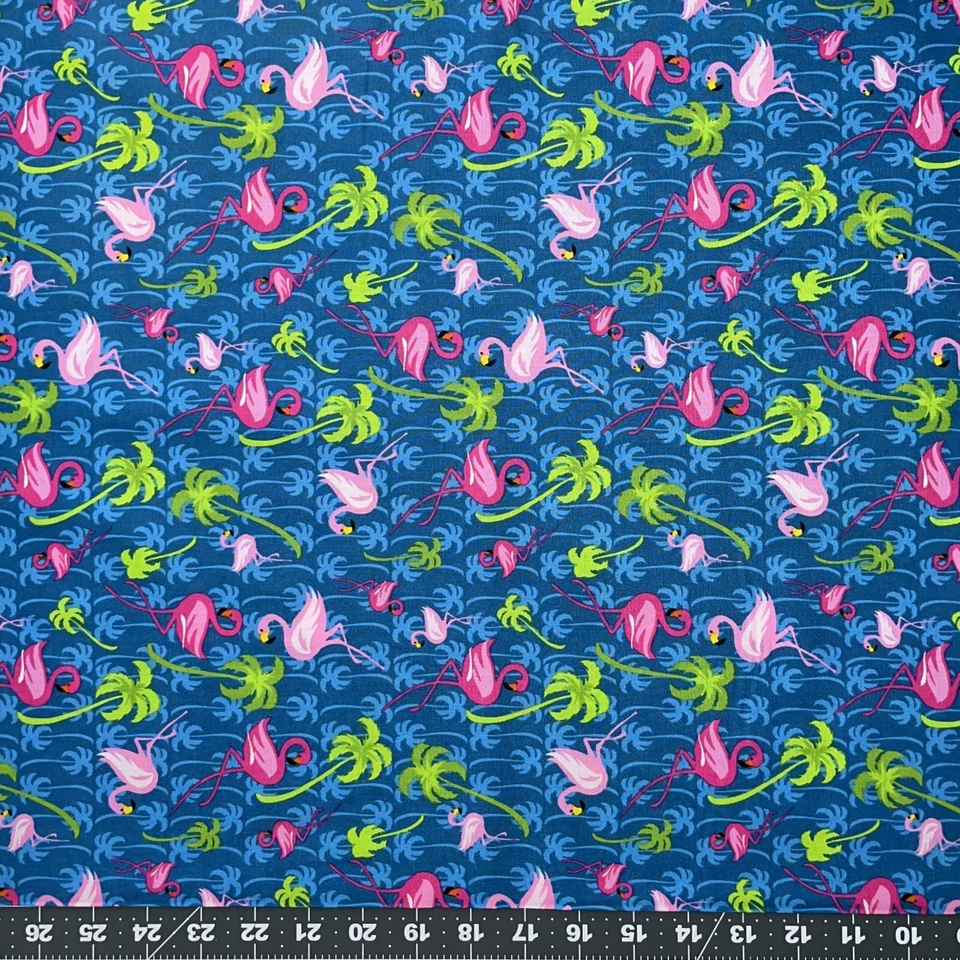 Fabric Traditions | Pink Flamingo & Palm Tree on Blue YARD - Image 1 of 1