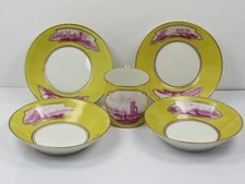 Antique French France Hand Painted Porcelain 1 Cup & 4 Saucers Old Paris Harbor