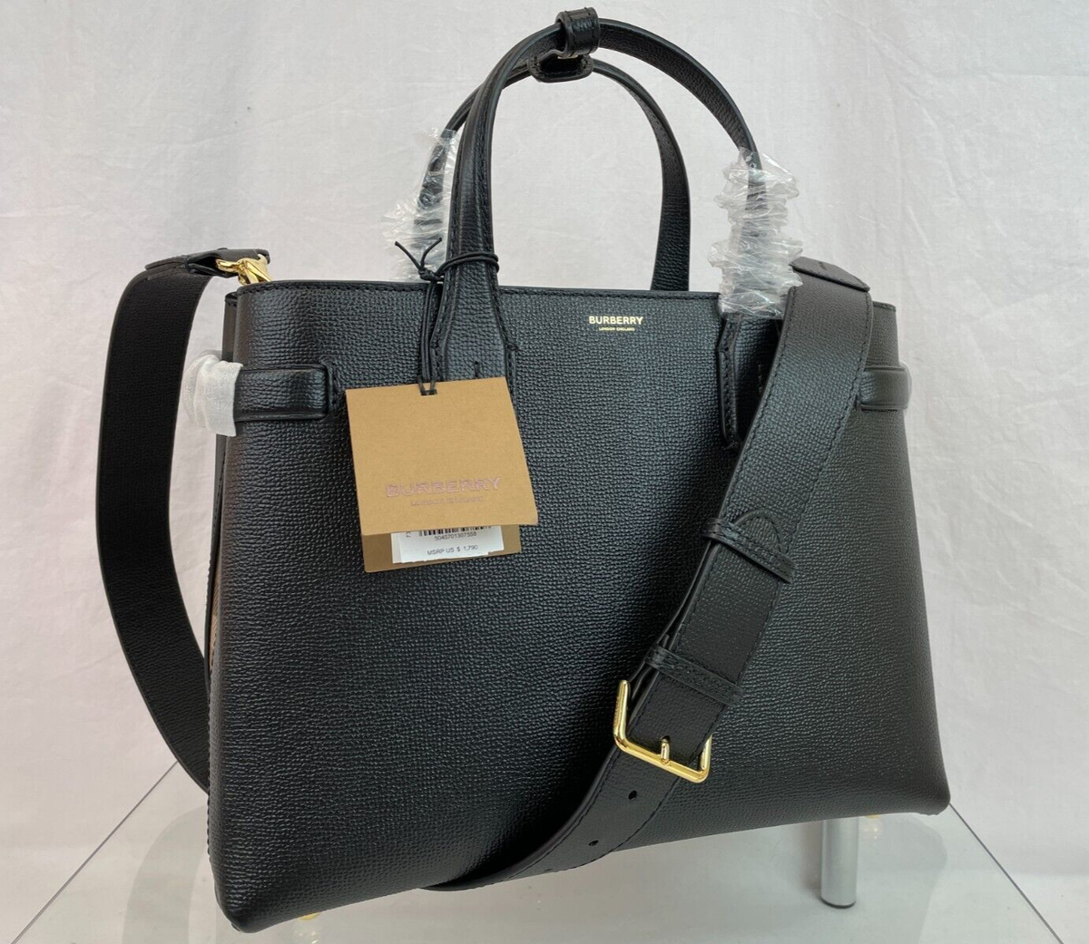 $1790 BURBERRY MD BANNER BLACK LEATHER CHECK CANVAS SHOULDER  