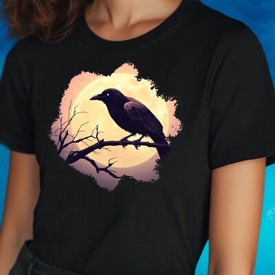 T-Shirt Frauen Krähe bei Vollmond Motiv Baumwolle Größe S bis 3XL