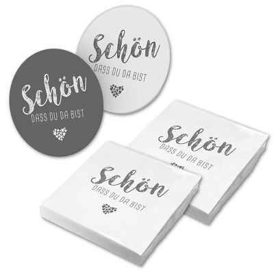 itenga 40x Serviette Schön dass du da bist weiß tauben grau 40x Bierdeckel neu