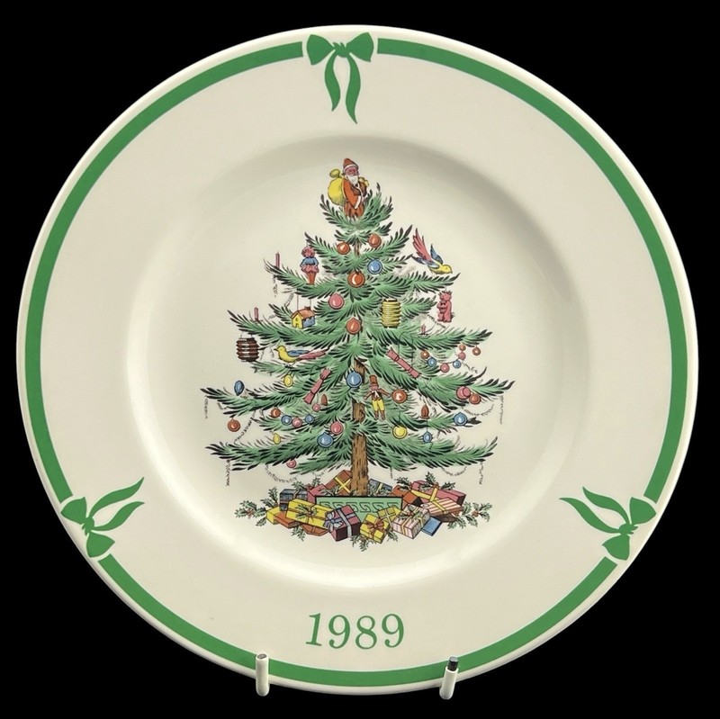 Vintage 1989 Spode Christmas Tree Plate 50th Anniversary Green Ribbon Rim 8”