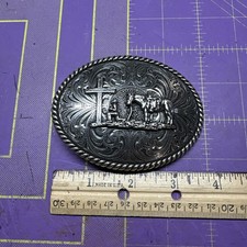 Adult Belt Buckle Silver Oval Cowboy Prayer Religious Christian Western