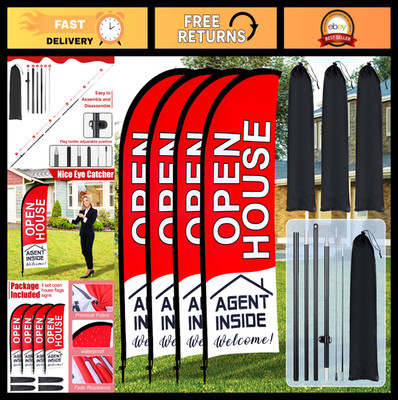 4 Pack Real Estate Open House Feather Flags 7x5.4 Ft with Pole & Stake Set