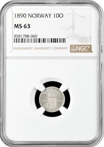 Norway 10 ore 1890, NGC MS63, "King Oscar II (1874 - 1906)" silver coin