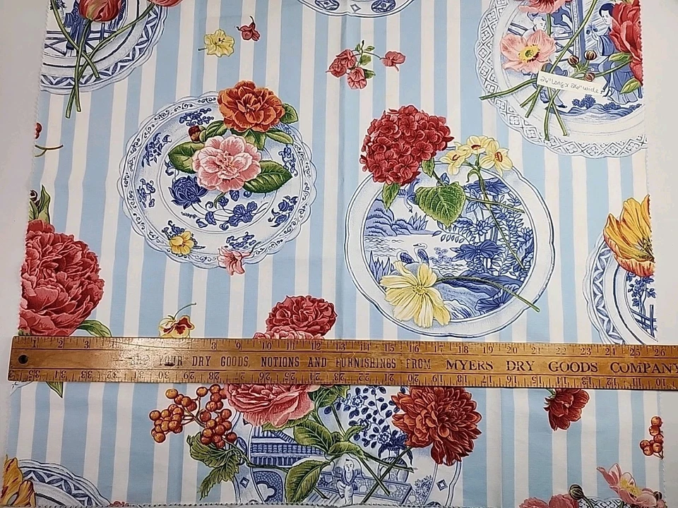 Braemore Oriental Blue Plate Floral Upholstery Interior Sample Fabric 26x26 Vtg - Image 2 of 4