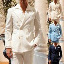 Men Suits for Summer Eventing Tuxedo Wide Peak Lapel Linen 2 Pcs Blazers Pants