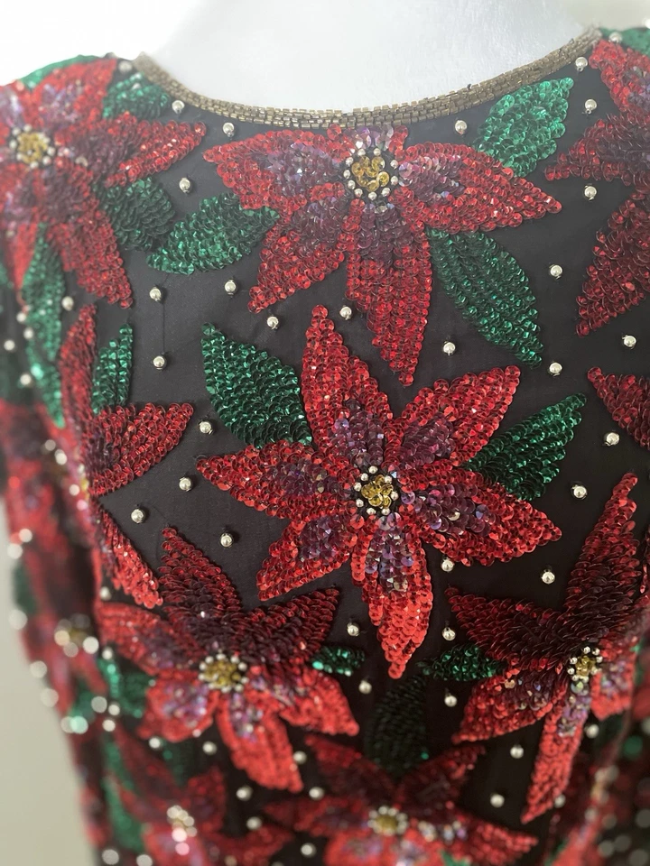 Женский шелковый топ Lawrence Kazar с бисером и блестками размер XXL черный красный пуансеттия винтажный - Изображение 2 из 4