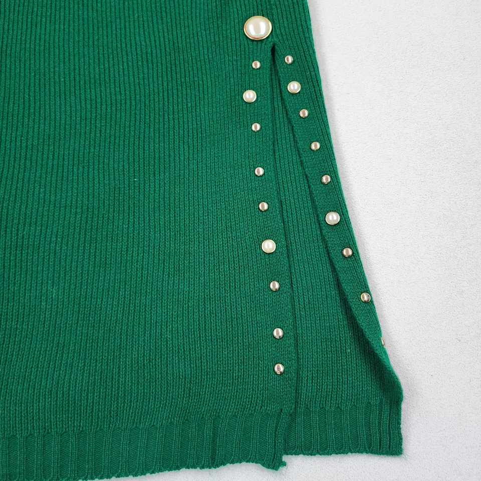 Saia suéter vintage anos 80 verde acrílico fenda lateral com pregos de pérola lápis de malha midi - Imagem 2 de 4