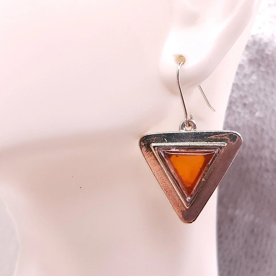 Pendientes colgantes vintage de plata de ley con triángulo ámbar amarillo Foto 4 de 4