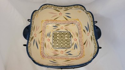 Ceramic Temptations Large Serving Bowl with Metal Wire Caddy 10 inch Dish READ