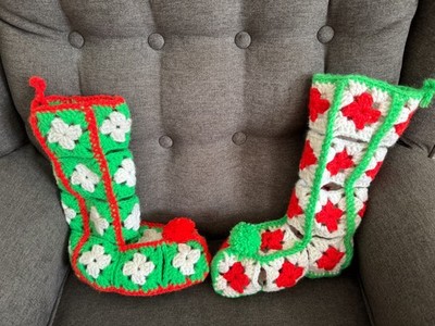Vintage Pair of Handmade Grandma Granny Square Crotcheted Christmas Stockings 3D