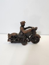 ANTIQUE - Vintage Cast Iron Motorcycle With Police Rider - Moving Wheels - Toy