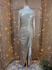 Champagne Metallic Ruched Prom Dress Maxi One Shoulder UK 6 8