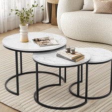 Set of 3 Round Nesting Coffee Tables White Marble Effect Black Frame Side Table