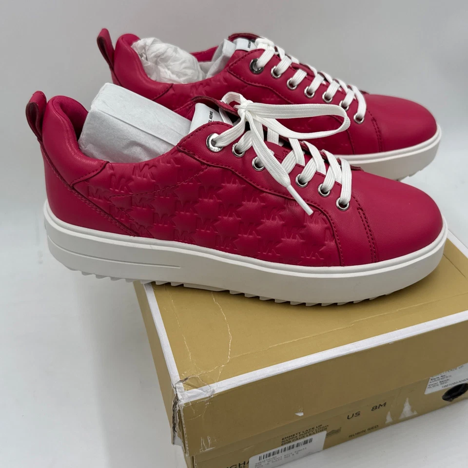 Michael Kors Emmett Lace Up Nappa Puffy MK Logo Rubin Red Sneaker Shoe SZ 8 - Image 3 of 4