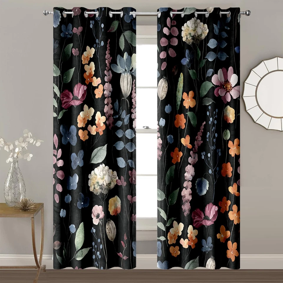 Cortinas blackout florais pretas, cortinas botânicas escuras botânicas vintage flores... - Imagem 4 de 4