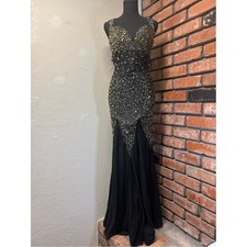 Jovani Couture Black Gold Crystal Beaded Prom Pageant Gown Open Back Dress