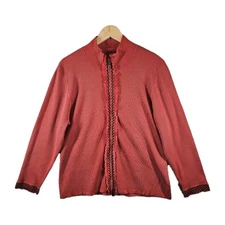 Elana by Tanner Full-Zip Long Sleeve Ribbed Sweater Unique Luxury Silk Coral S