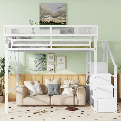 Queen Size Loft Bed w/Stairs/Storage Shelves/Wardrobe Metal High Loft Bed,White