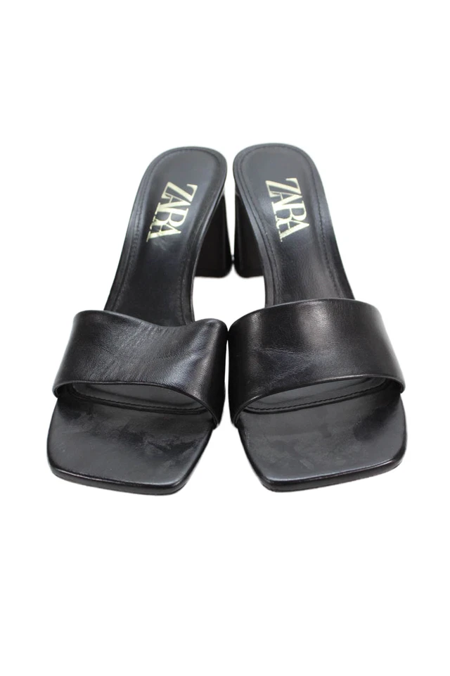 Sandalias de tacón grueso deslizables de cuero negras talla 38 8 de Zara para mujer Foto 2 de 4