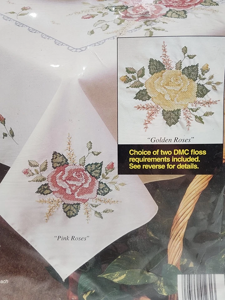 Bucilla Stamped Cross Stitch Tablecloth "A Rose is a Rose 52" x70" Kit w/floss - Image 2 of 4
