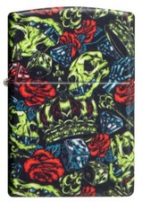 Zippo Glow in the Dark Skull & Crown Lighter, Floral Skeleton, 49696, New In Box