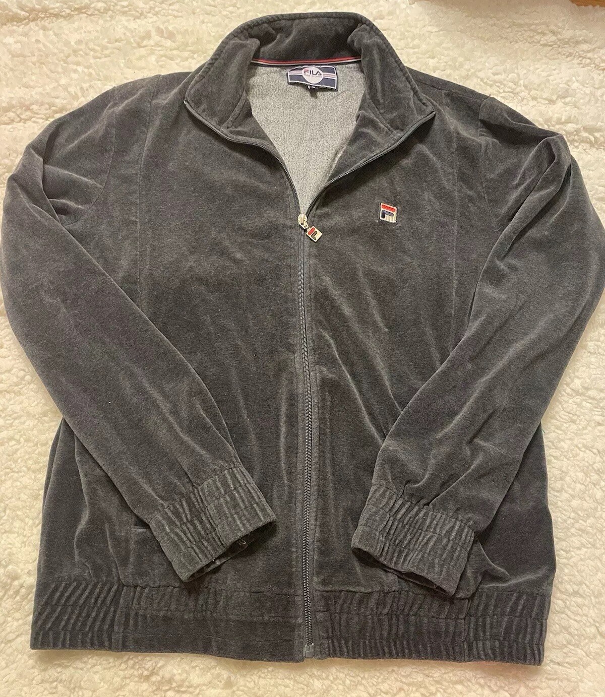 Fila Velour Velluto Track Jacket Uomo Tg Large Nero Full Zip Manica Lunga Vintage