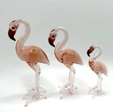 New! Murano Glass Unique Handcrafted Pink Flamingo Family Figurine Set, 3 Pieces