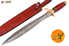 CUSTOM HANDMADE FORGED DAMASCUS STEEL DOUBLE EDGE FIXED BLADE SWORD+SHEATH- 1667