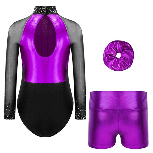 Kids Girls Outfits Rhinestones Suit Leotard Set Figure Costume Sheer Mock Neck - Picture 44 of 80