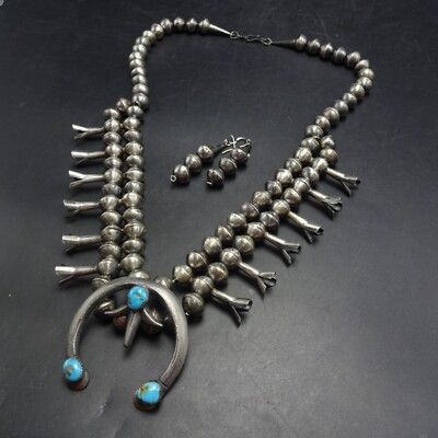 Old Style NAVAJO Sterling Silver TURQUOISE Squash Blossom NECKLACE