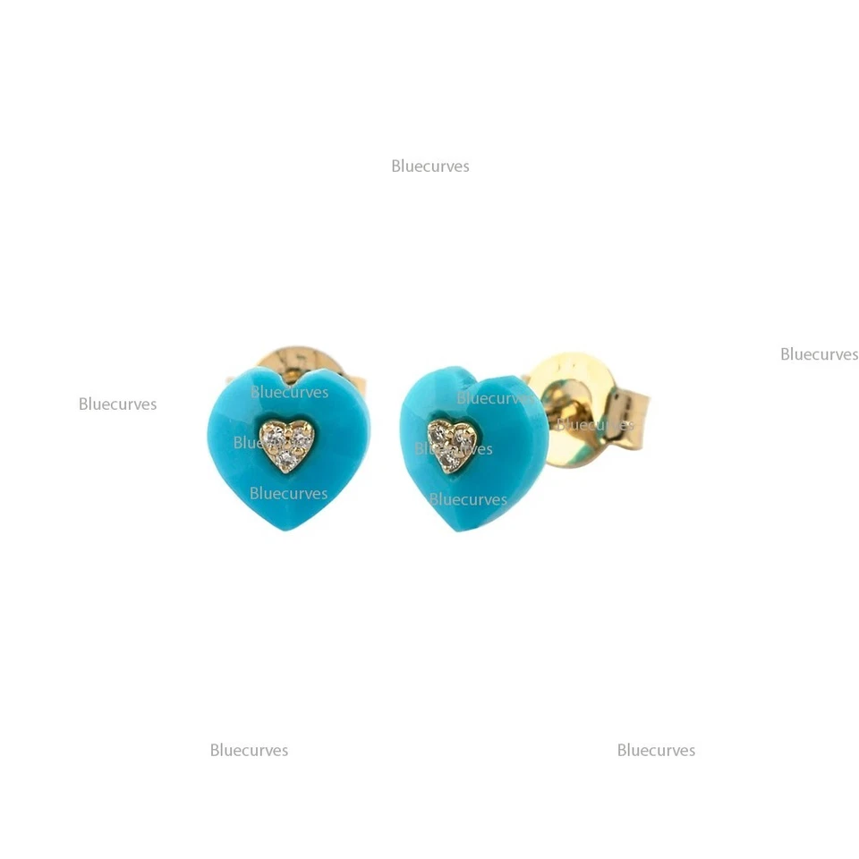 Trio Real Diamond & Heart Arizona Turquoise Studs Earrings 14k Gold Love Earring - Image 4 of 4