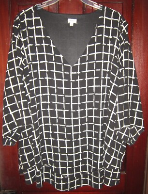 Avenue Plus 30 32 Tunic Blouse Top Shirt Plaid Checked Print Tiered Popover Blk