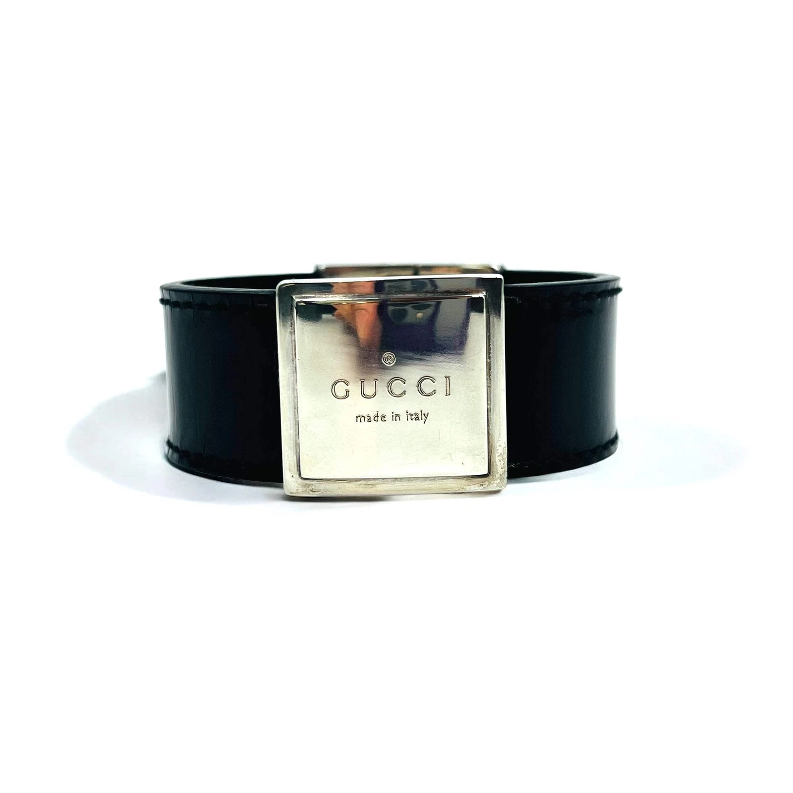 Bracelet cuir plaque logo GUCCI fabriqué en Italie noir argent 925