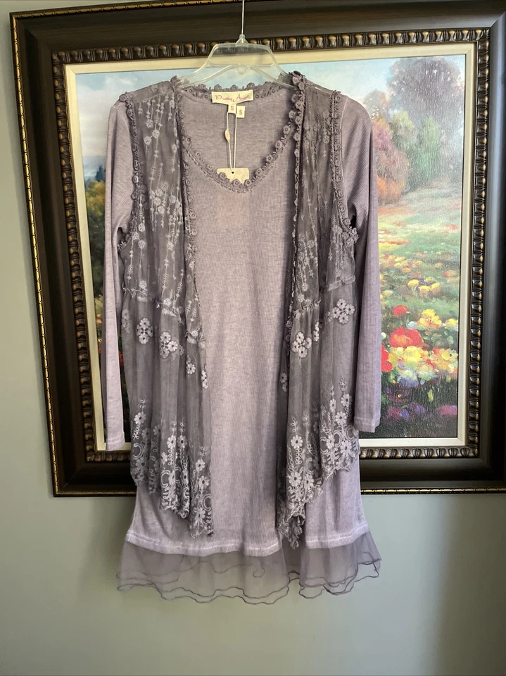 ¡Nuevo! Top túnica y chaleco Pretty Angel para mujer talla S adornado con encaje en capas lila