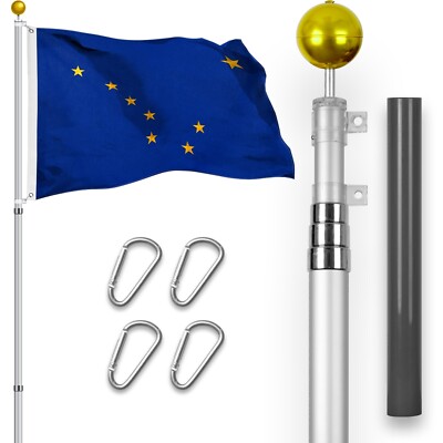 Combo: 16 Ft Telescoping Flagpole Silver & Alaska AK Flag 3x5 Ft Emb Spun Poly
