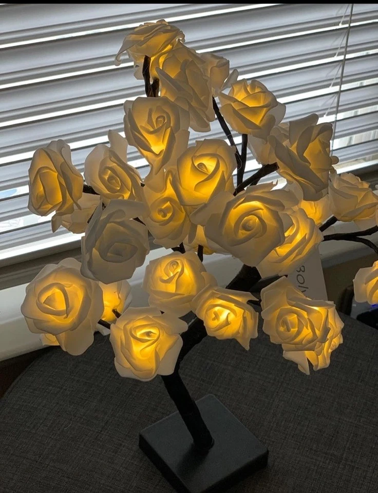 LED Artificial White Rose Tree Table Lamp Night Light Battery Operated - Image 2 of 4
