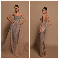Detachable Train Bead Crystal Evening Gown with Thin Shoulder Straps Ball dress