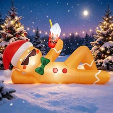 8FT Christmas Inflatable Lying Gingerbread Man with Hot Cocoa