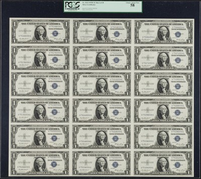 $1 1935-E Silver Cert UNCUT SHEET of 18 U-G Block PCGS Ch Abt New